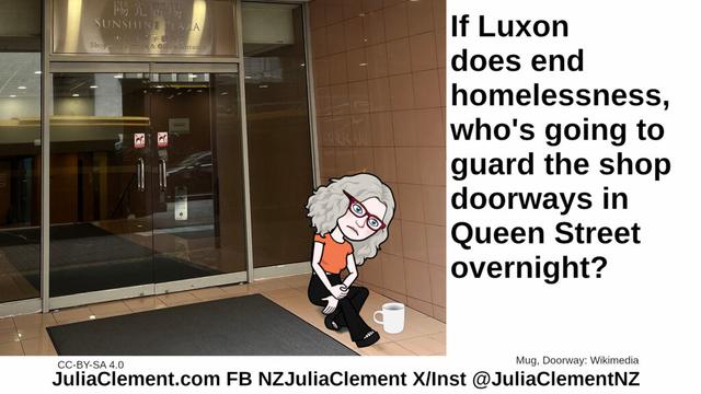 A despondent Julia with a mug sits on the ground outside a shop doorway. Images of burger meals are displayed. Text: If Luxon does end homelessness, who's going to guard the shop doorways in Queen Street overnight?