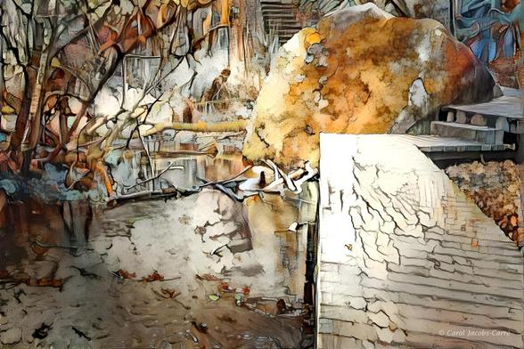 This artsy AI modified photography shows a boardwalk on the right with a transmogrified stream on its left, and a large object that looks like a boulder in shades on brown from gold to tan.  There are surreal mossy trees bordering the left, looking like black sticks with flags in shades of golden brown.  The overall image is dominated by shades of brown, with touches of cream and silvery reflections in the stream.