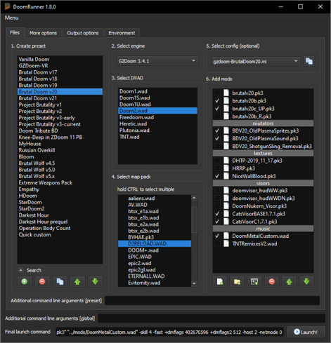 🕶️ A view of its UI, on a dark theme, with 4 tabs (Files, More options, Output options, Environment), with the "Files" tab selected, we see several zones allowing each mod to define the engine, the chosen IWAD, the map pack, a configuration file, and the pk3 of selected mods (for mutators, textures, visors and music), and optional arguments desired. A "Launch!" button appears at the bottom of the UI.

📚️ Doom Runner is a libre, multi-platform launcher for Doom's source ports, designed around the idea of presets, allowing you to switch from one mod to another with a single click. A tool that quickly becomes essential for navigating between engines, content and mods. It supports an unlimited number of presets, automatic synchronization of IWAD and Map pack lists with the contents of the selected directory, drag & drop of files, selection of files by checkbox, launch of a local multiplayer game, automatic installation of files or loading of a map/save based on the selected preset, preset search (by filter), and UI themes (light, dark).