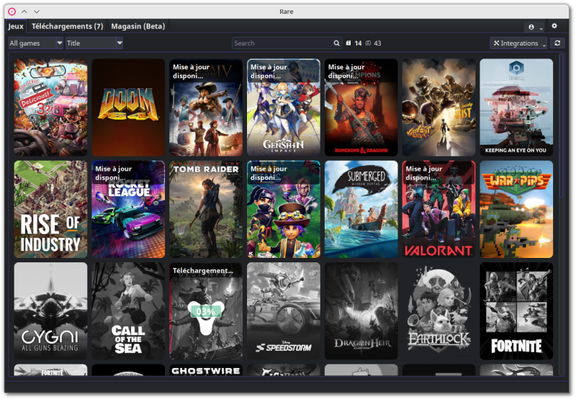 🕶️ Rare GUI (v.1.11.2) showing some games from Epic Games (most are Windows-only games) on my PC. The games awaiting installation have a grey cover, while the others have a coloured cover. Destiny 2 is currently being downloaded (3% complete). The top of the interface is devoted to menus (various search filters, settings, game counters, etc.).

📚️ Rare is a libre, multi-platform interface for the Epic Games Store, enabling you to install, uninstall and launch your games - via Legendary (a command-line tool adding a layer of compatibility with this store). It enables authentication on the store, installation on hard disk or in the cloud, updating and setting up Wine and games, searching for information on ProtonDB, checking games and repairing them if necessary. Its interface provides an immediate overview of your game library (installed/uninstalled games, installation progress), plus filters to make searching easier. An excellent tool!