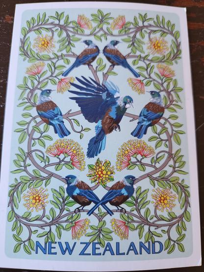 Postcard with a floral and blue and brown birds illustration. New Zealand printed in blue at the bottom.