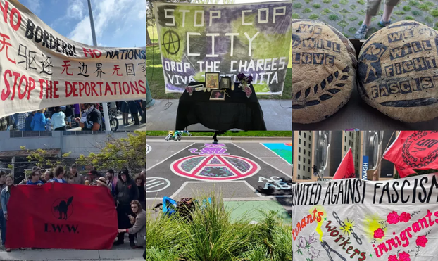 A medley of photographs of events on May Day 2025, including banners reading "No borders, no nations, stop the deportations" and "stop cop city" and "united against fascism," as well as two loaves of bread emblazoned with the message "We will love—we will fight fascism."