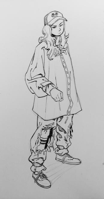 a drawn study from photo ref of a woman with long hair in streetwear clothing. heavily distressed jeans, velcro straps around hte ankles and cuffs to keep the bagginess at bay, vans shoes, and a trucker cap