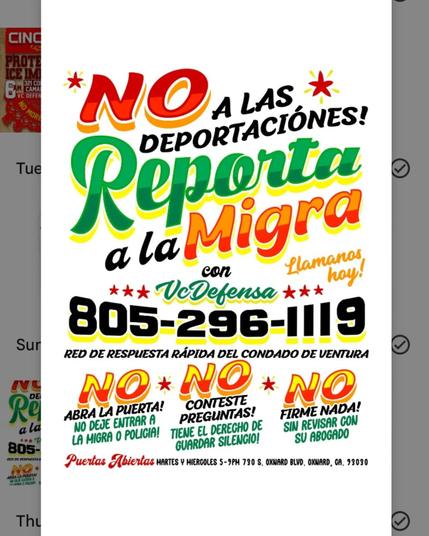 Un cartel colorido del grupo Puertas Abiertas de Oxnard, que dice “NO a las deportaciones! Reporta a la Migra con VcDefensa.”