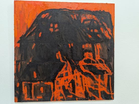 An orange painting of a black building done in thick strokes