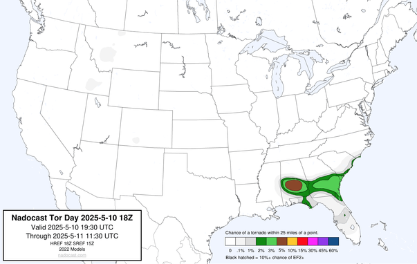 18z Day #Tornado Forecast - a map of the United States depicting areas of various colors to incidate tornado risks