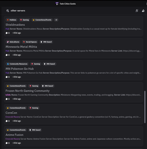 Screenshot of servers listing on Twin Cities Geeks discord.