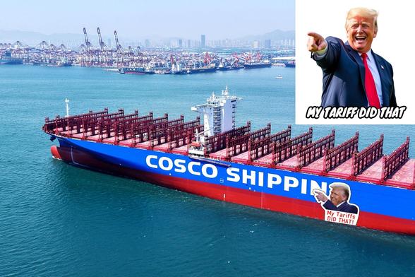 Trump my tarriffs did that next to an empty container ship