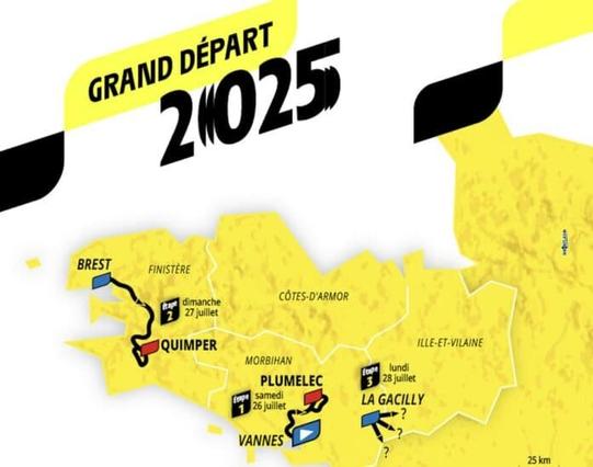 Map of Brittany, France showing the itinerary for the 2025 Tour de France Femmes.