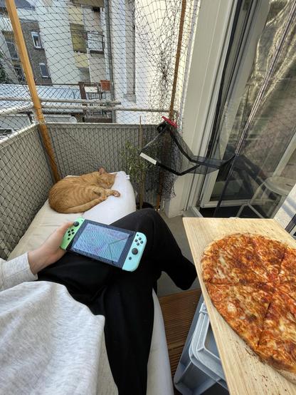 A cozy balcony scene features a sleeping orange cat called Gucci on a pillow, a person holding a Nintendo Switch gaming console, and a wooden cutting board with a pizza. The background shows a netting enclosure to protect the cat and more apartment buildings.