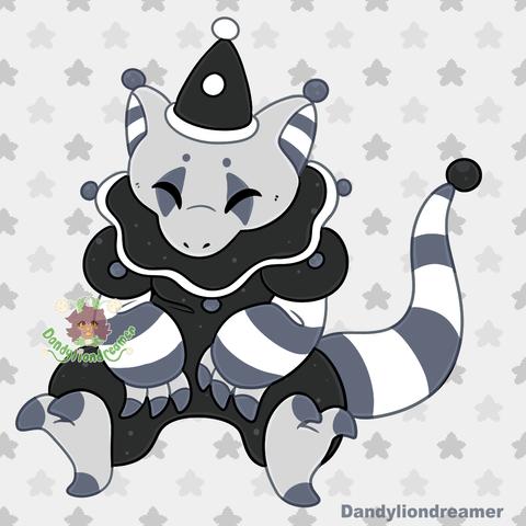 the pokemon abra redesigned to look like a pierrot clown mime!

he has a black clown hat on with white rim and pompoms, his ears are grey and white striped with grey poms, his face make up are grey diamonds around the eyes with dots at the top, his skin is grey

hes wearing a black neck ruffle with white rim, a black clown outfit, arms and tail are grey and white striped, hands and feet have grey tips, the tail has a black pom pom