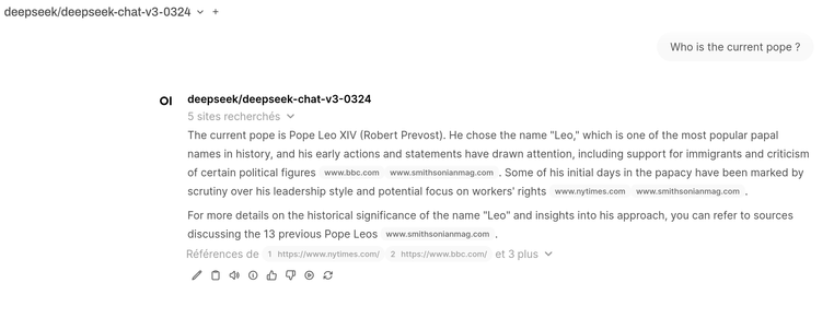 Screenshot from open webui asking a local instance of deepseek who's the current pope. The AI answers correctly.