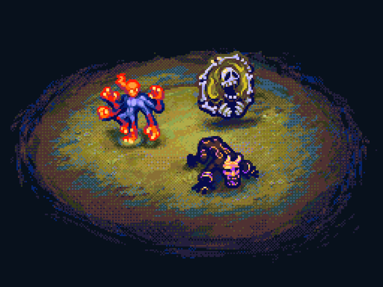 Pixel art illustration displaying three unique units from the upcoming auto-battler game Eldritch Tactics: Apocalypse Rising.

The following units can be seen from an overhead view (from the top, going clockwise):
- a Bulwark of The Bonebinder
- a Stalker of The Gilded Exactor
- a Striker of the Emberwelder

The units are displayed on top of a grassy field with a rough, dithered texture, and lit as if from an overhead spotlight.