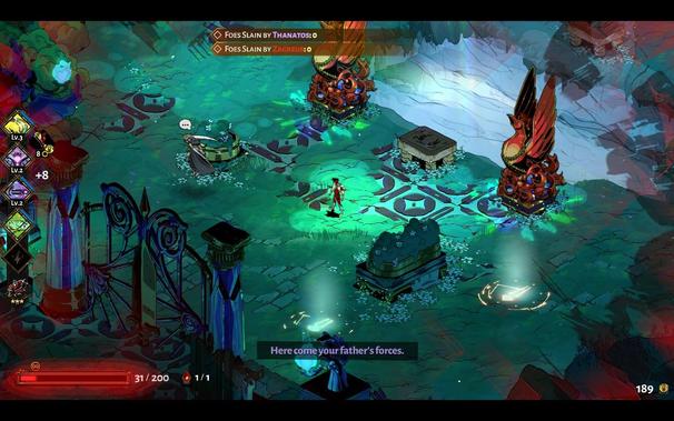 An overhead view of an underworld dungeon. The player character stands in a ruined courtyard with glowing green energy, surrounded by various structures and enemies. The players health and stamina bars are visible at the bottom center. In the top left corner, a UI element shows the players name and current level.