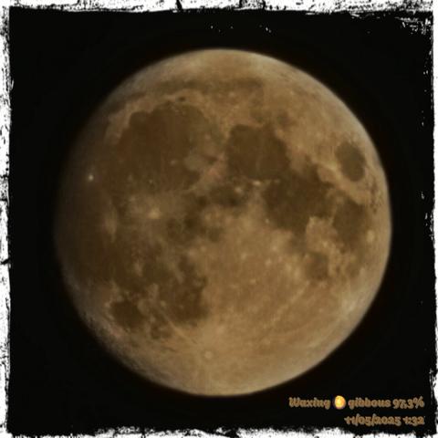 The image shows a detailed view of the Moon against a black background, indicating it is in space. The Moon is depicted in a waxing gibbous phase, with 97.3% of its surface illuminated. The surface features numerous craters of various sizes, with darker areas representing the lunar maria, which are large, dark, basaltic plains formed by ancient volcanic eruptions. The coloration of the Moon is a mix of browns and grays, with the maria appearing darker than the surrounding highlands. The image has a textured border, giving it a vintage or artistic appearance. In the bottom right corner, there is text that reads "Waxing 🌙 gibbous 97.3% 11/05/2025 1:32," indicating the phase, date, and time the image was taken.

Provided by @altbot, generated privately and locally using Ovis2-8B

🌱 Energy used: 0.193 Wh