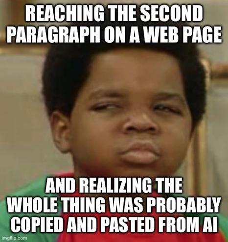 A skeptical look from child actor Gary Coleman in the 1980/ TV show Different Strokes, with the caption “Reaching the second paragraph of a web page and realizing the whole thing was probably copied and pasted from AI”