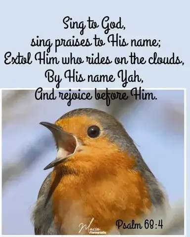 Sing to God,
sing praises to His name;
Extol Him who rides on the clouds,
By His name Yah,
And rejoice before Him
Psalm 68:4

A closeup photo of an orange and brown bird with its mouth open is below the text, which is black with a light blue backgroun.