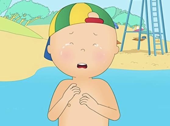 The titular animated protagonist from the Canadian TV series Caillou (1997-2018) is shirtless and crying—likely because he’s realizing there’s no shirt with a wide enough collar to get around his massive head; however he did manage to find an XXXL baseball cap that fits (presumably from a bespoke hat dealer)