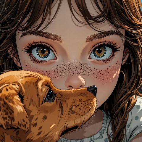 Close-up of a young girl with freckles, gazing lovingly at a puppy resting against her face, showcasing bright blue and brown eyes.