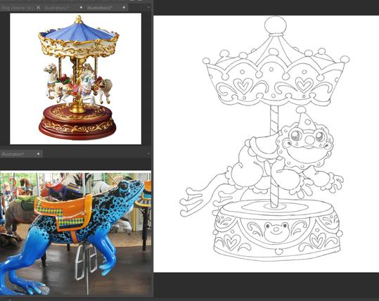 a sketch of a clown frog carousel