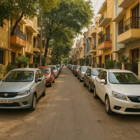 Four wheelers parked on the both sides of a narrow residential lane in Bengaluru.