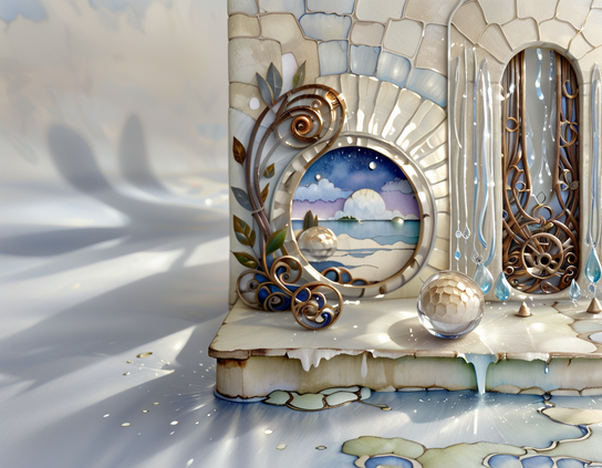 Intricate and simple dreamlike scene; the right side is an ornately decorated tiled area containing an ornate circular  portal showing a moonlit horizon, surrounded by sculptural gold and glass flourishes. The left side of the image is a misty landscape with gentle but looming shadows.