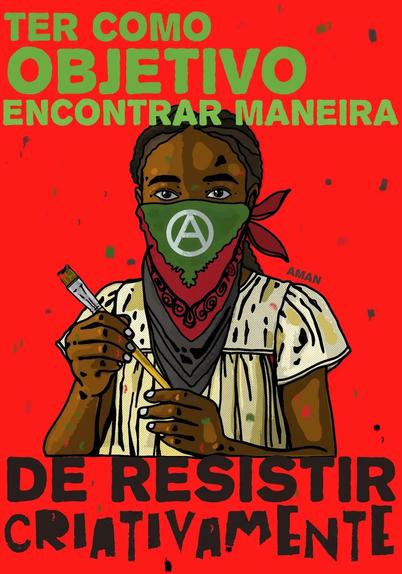 Uma ilustração retrata uma jovem negra com um lenço nas cores da bandeira do anarquismo negro em 3 tons de de eles verde, vermelho e preto; além disso nesse lenço há o símbolo do anarquismo em um tom mais claro, a garota está segurando um pincel, representando resistência criativa.

O ambiente é minimalista, sem detalhes, com elementos que parecem estar flutuando sobre um fundo vermelho. A iluminação é uniforme, sem sombras acentuadas, o que ajuda a destacar os elementos da imagem. A escolha da composição e da paleta de cores transmite um sentido de clareza e objetividade. O foco está na mensagem, não em elementos decorativos ou de cenário.