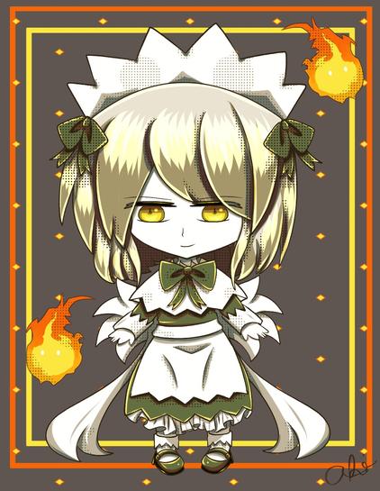 A chibi Eclair from DSP. Gray bg, orange and yellow framing, fire spirits surrounding her.