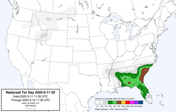0z Day #Tornado Forecast - a map of the United States depicting areas of various colors to incidate tornado risks