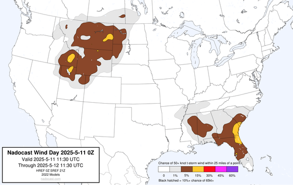 0z Day #Wind Forecast - map of the United States depicting areas of wind risk using various colors