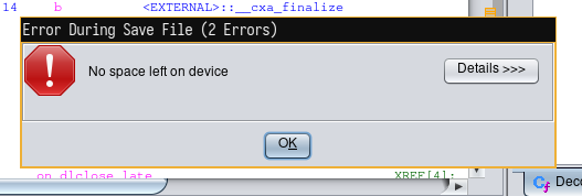 screenshot of error window saying "No space left on device"