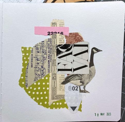 Collage using some various papers, including: some green tissue paper with white dots, some music, a bit from a pink parking slip, and a duck cut from an old brochure.