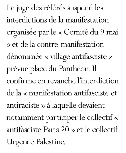 Manifestation et contre-manifestations du 10 mai interdites par le préfet de police