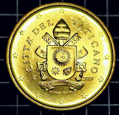 2017 Vatican 50 Euro Cents Obverse The designs feature the coat of arms of the Sovereign of the Vatican City State, Pope Francis. The mintmark 'R' appears at the bottom left and the year of issuance '2017' at the bottom right. The coins' outer ring depicts the 12 stars of the European flag. Script: Latin Lettering: CITTA' DEL VATICANO R 2018 IHS MISERANDO ATQUE ELIGENDO D.LONGO ELF INC. Engravers: Daniela Longo, Ettore Lorenzo Frapiccini