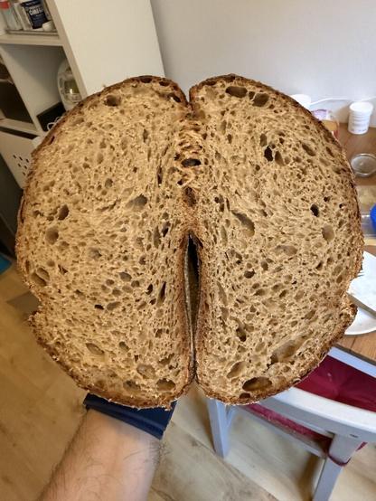 View of a the two halvs of the bread side by side showing the bread’s crumb