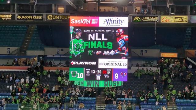 Scoreboard showing Rush 10, Thunderbirds 9 at the end of overtime. Rush going to the NLL finals against Buffalo Bandits.