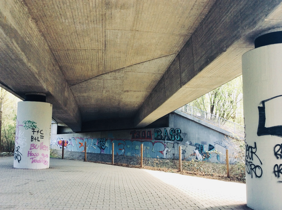 massige betonbrücke … dicke betonpfeiler … betonpflaster … mittendrin ein zierlicher zaun aus dünnen holzpfählen und draht … und natürlich jede menge graffitti