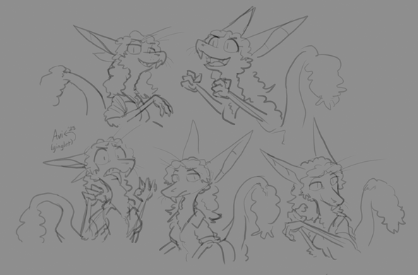 Five sketches of OvO OwO, a female yinglet with curly fur wearing a button-up shirt with rolled-up sleeves