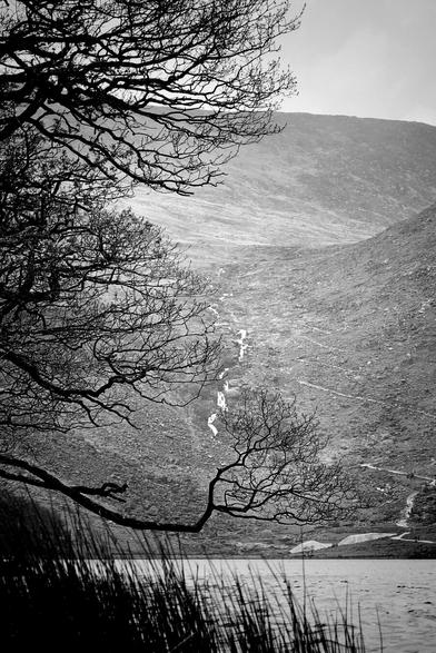 A black and white photograph shows a calm lake in the foreground with bare tree branches framing the left side. In the background, a large, sloping mountain with a staggered waterfall is visible under an overcast sky.