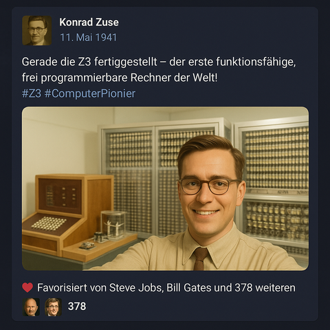 Screenshot eines Mastodon-Beitrags im Dunkelmodus: Oben links ein Profilfoto von Konrad Zuse; daneben Name und Datum „11. Mai 1941“. Darunter der Text: „Gerade die Z3 fertiggestellt – der erste funktionsfähige, frei programmierbare Rechner der Welt! #Z3 #ComputerPionier“. Im eingebetteten Foto lächelt Konrad Zuse und hält den rechten Arm gestreckt, als würde er ein Selfie mit einem Smartphone machen. Hinter ihm steht ein großflächiger Relais-Computer mit beleuchteten Anzeige- und Bedienpulten in einem hellen Ausstellungsraum. Unter dem Bild zeigt eine Herz-Zeile, dass der Beitrag von den zwei bekannten Tech-Größen Steve Jobs und Bill Gates und insgesamt 378 Personen favorisiert wurde; daneben kleine runde Avatare dieser beiden Persönlichkeiten.