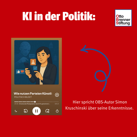 Die Abbildung zeigt ein Screenshot vom Podcast mit der Überschrift KI in der Politik. Unten rechts wird kurz auf den Inhalt des Podcasts und den Autor Kruschinski verwiesen.