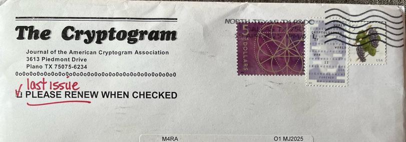 Picture of an envelope for The Cryptogram magazine displaying the cool stamps.
