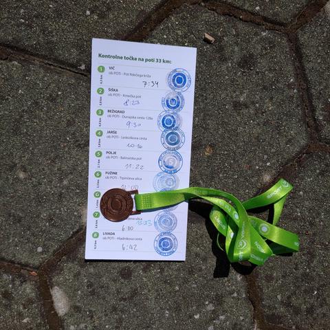 Kartonček za 8+1 žigov tradicionalnega pohoda ob žici v Ljubljani, ki je dolg 32,5 km. Na sliki je tudi bronasta medalja z zelenim trakom za okoli vratu, ki jo prejme vsak(a) udeleženec(ka), ki prehodi cel krog.