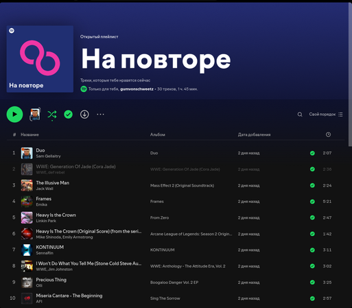 A screenshot of "On Repeat" playlist generated by Spotify. One of the tracks became unavailable