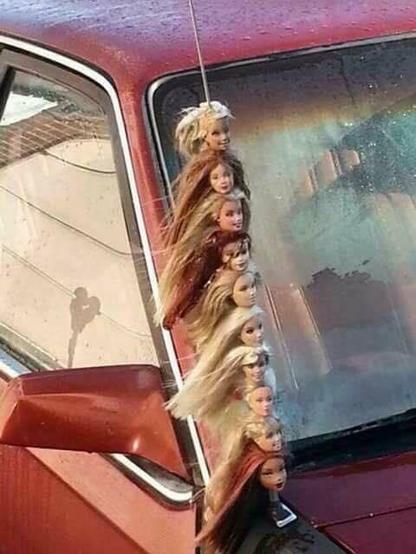 Antenna filled with dolls' heads stuck to it.