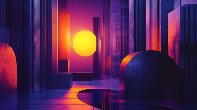 Monolithes au Crépuscule
Paysage urbain abstrait composé de formes géométriques massives et de lumières orangées éclatantes sous un soleil stylisé.
Abstract cityscape of massive geometric forms and radiant orange light beneath a stylized sun.