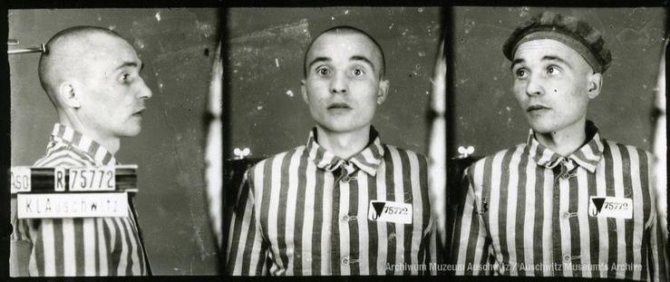 A mugshot registration photograph from Auschwitz. A man with a shaved head wearing a striped uniform photographed in three positions (profile and front with bare head and a photo with a slightly turned head with a hat on). The prisoner number is visible on a marking board on the left.