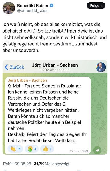 X-Post von Benedikt Kaiser, Mitarbeiter des AfD-MdB Pohl, 10.5.2025. In dem Post greift er den sächsischen AfD-Vorsitzenden Urban, der den 9. Mai 1945 als „Tag des Sieges“ in Russland feiert.