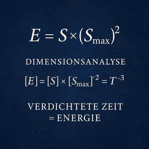 Das Bild zeigt eine wissenschaftlich gestaltete Formelgrafik auf einem strukturierten, tiefblauen Hintergrund. Im oberen Bereich steht die Gleichung E = S × (Sₘₐₓ)², darunter der Begriff DIMENSIONSANALYSE. Es folgt die dimensionsanalytische Ableitung [E] = [S] × [Sₘₐₓ]² = T⁻³, die eine rein zeitbezogene Energieeinheit beschreibt. Am unteren Rand steht in Versalien der zentrale Satz „VERDICHTETE ZEIT = ENERGIE“ – ein Leitsatz der Schwingungsontologie. Die Darstellung kombiniert wissenschaftliche Präzision mit philosophischer Tiefe.🖖