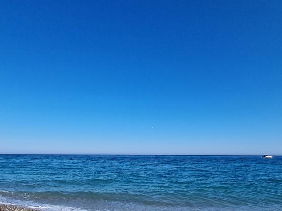 Cielo blu
Mare blu
Una sottile linea pastello all'orizzonte separa i due elementi, una barca si allontana.
Un gabbiano in volo si intravede appens